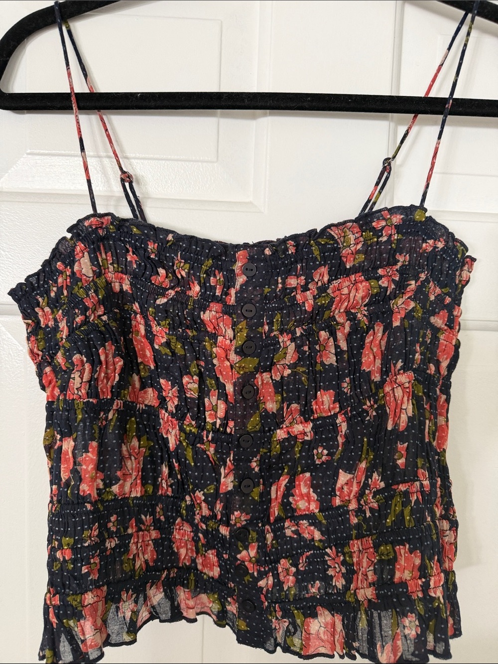 Free People Navy Floral Smocked Spaghetti Strap Cami